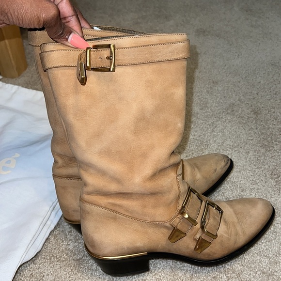 CHLOE Susanna Buckle Strap Mid Calf Boot Tan Brown Suede Low Heel EUR 37.5 - Picture 7 of 15